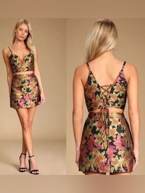 Lulus Mini Dress XS Island Nights Green Floral Jacquard Two-Piece Skirt Top Set